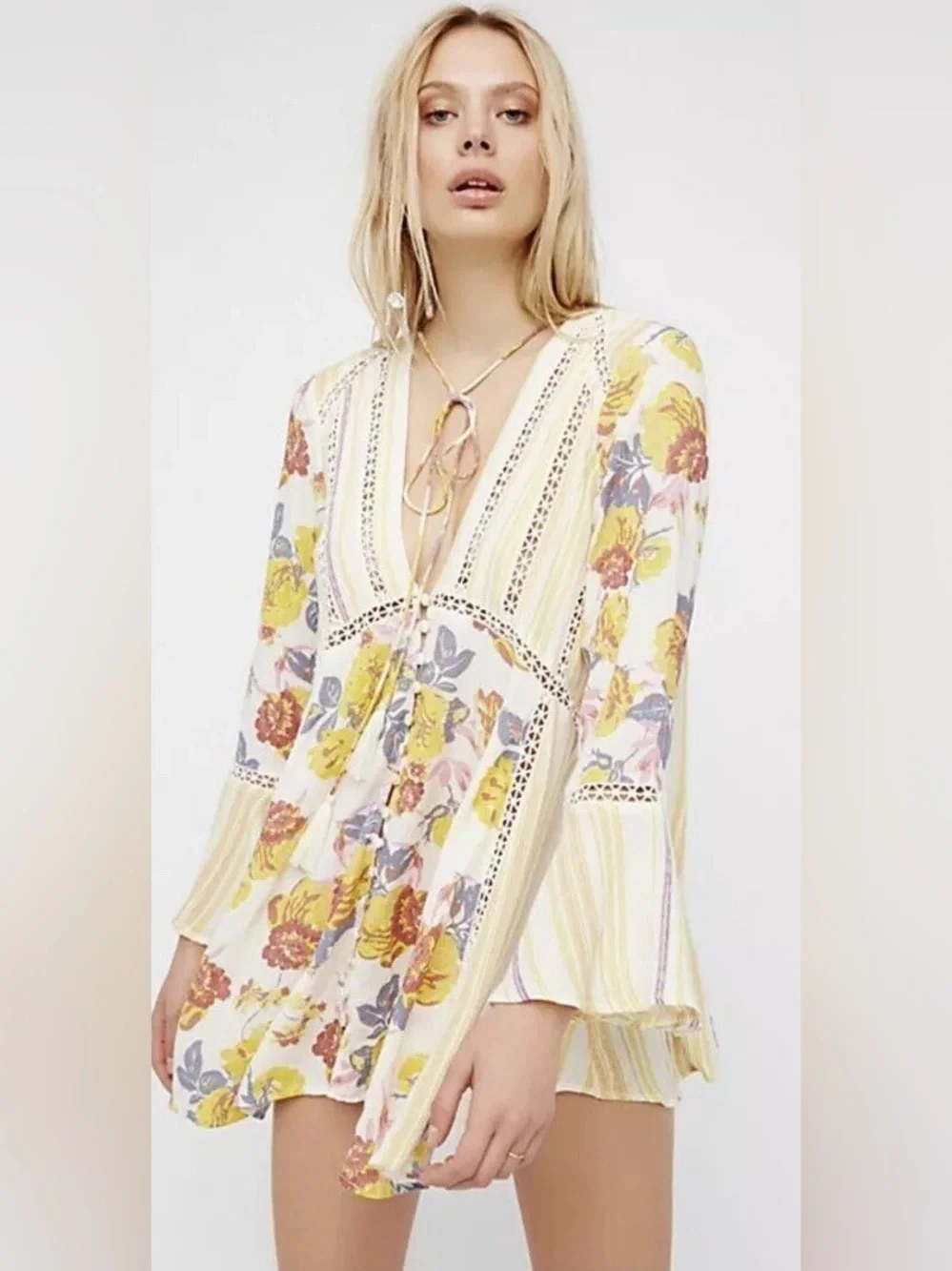 Free People Lovestoned Lace Buttondown Printed Crochet Bell Sleeve Tunic M